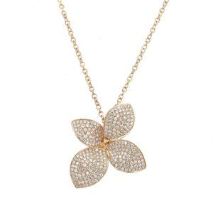 Pave Set Round Cut Diamond Flower Pendant Necklace 18K Yellow Gold 1.07Cttw